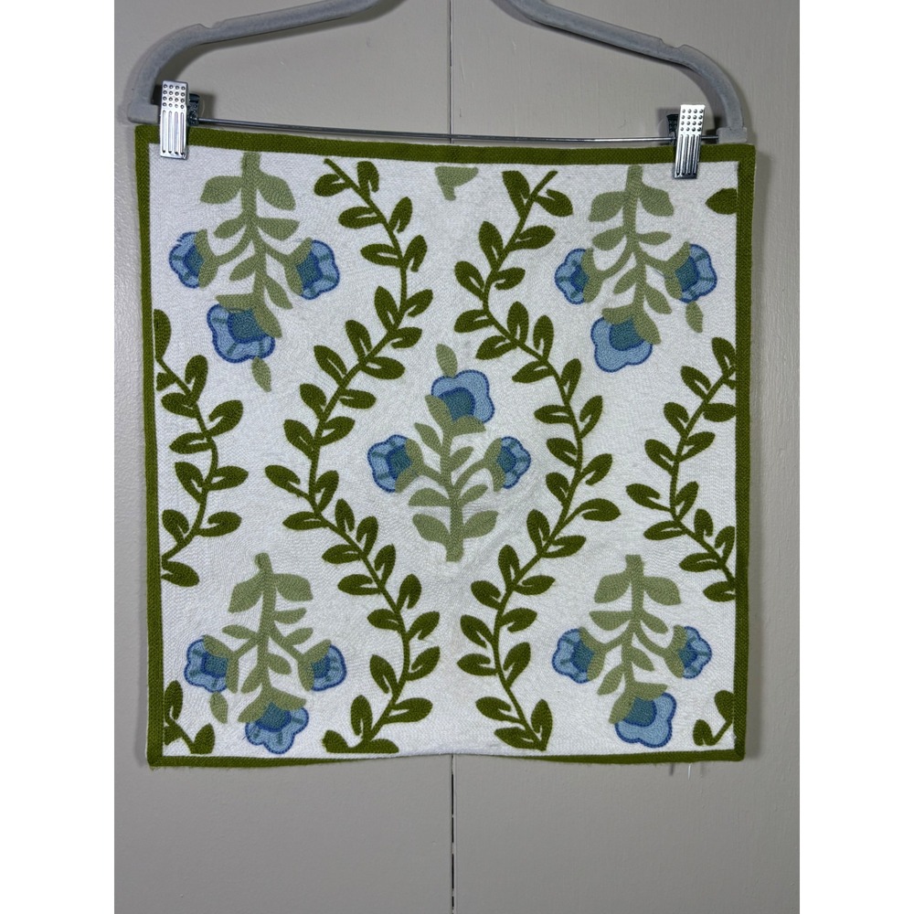 Floral Embroidered Throw Pillow Cover 17x17 Blue Green Crewel Chain Stitch